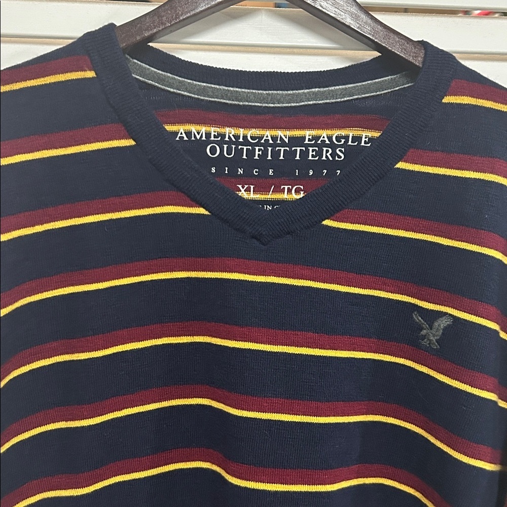 American Eagle Outfitters Men's V Neck Sweater - Navy,Burgundy,Yellow Stripes